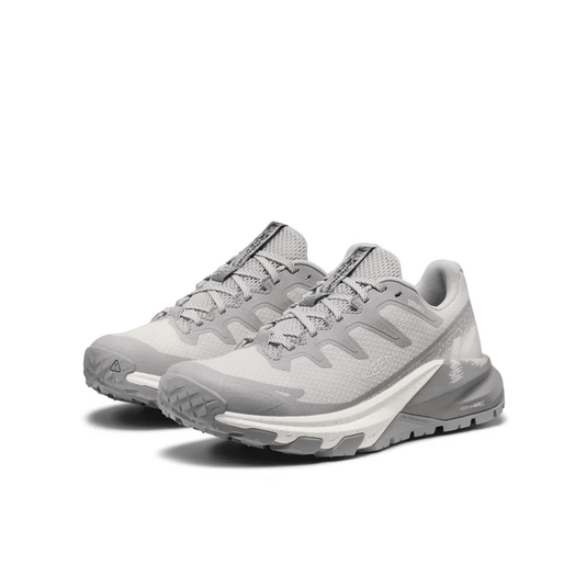 Pair of gray athletic shoes on a white background