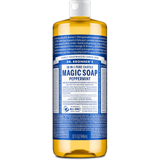 Dr. Bronner's Magic Soap Peppermint bottle on a white background