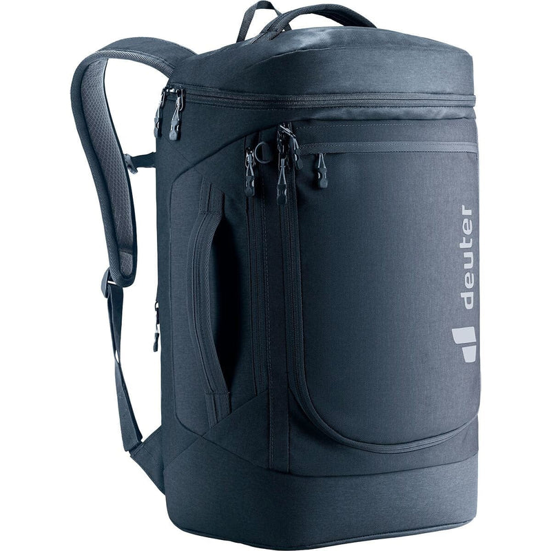 Load image into Gallery viewer, Black backpack with visible Deuter logo on a white background
