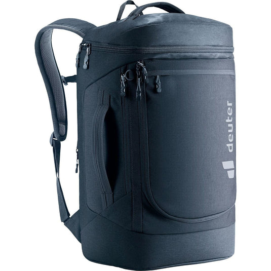 Black backpack with visible Deuter logo on a white background