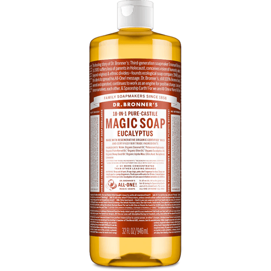 Dr. Bronner's Magic Soap bottle with eucalyptus scent on a white background