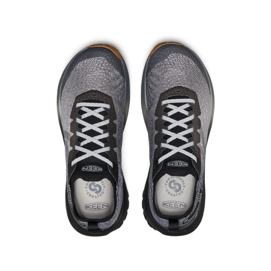 Pair of gray and black Keen shoes on a white background
