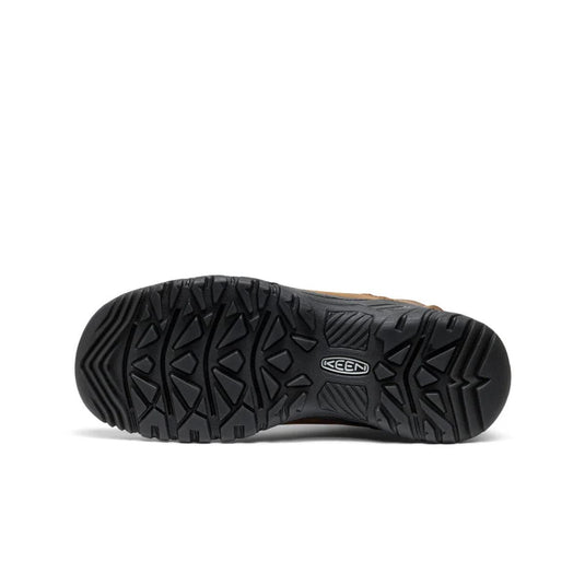 Side view of a black shoe with a white background