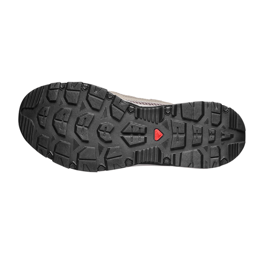 Black sole of a shoe with a red label on a white background