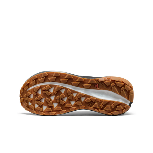 Close-up of a shoe sole with brown tread pattern on a white background