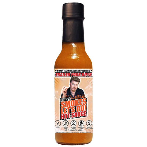 Hot sauce bottle with 'Trailer Park Boys' branding on a white background