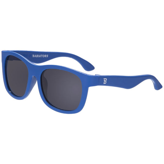 Blue sunglasses with dark lenses on a white background