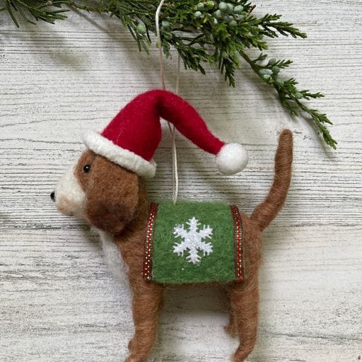 Wool Poseable Dog W/Santa Hat Christmas Ornament