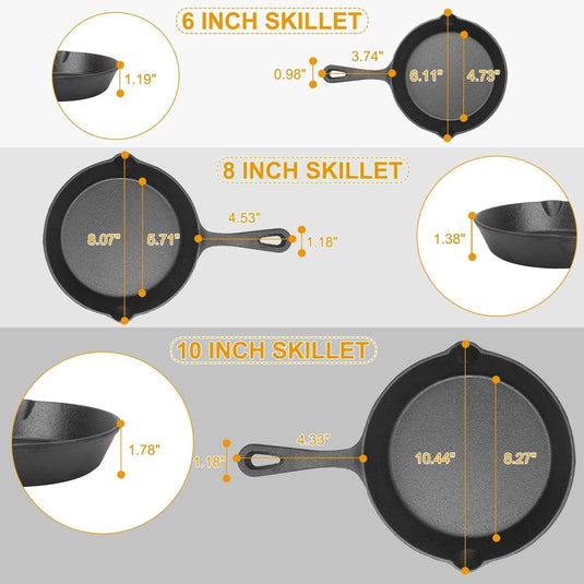 3Pcs Pre-Seasoned Cast Iron Skillet Set 6/8/10in Non-Stick by Blak Hom
